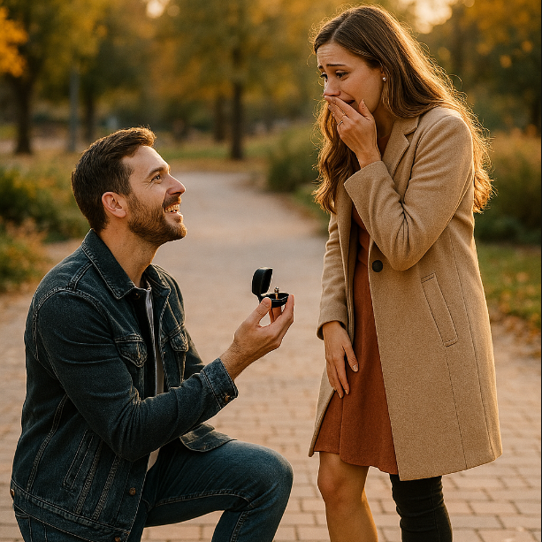 Hombre de rodillas proponiendo matrimonio a mujer sorprendida en un parque.